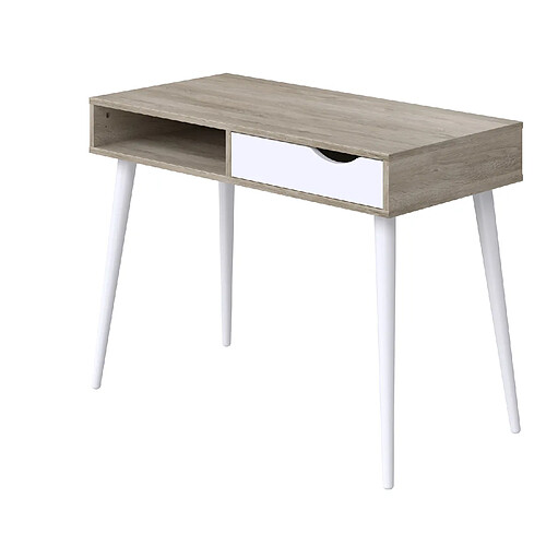 Pegane Bureau en mélamine coloris effet chêne / blanc - Longueur 100 x profondeur 50 x Hauteur 75 cm