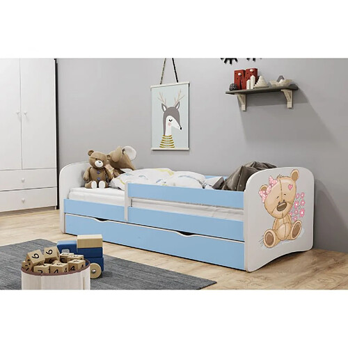 Lit Babydreams nounours bleu fleurs sans tiroir matelas 160/80