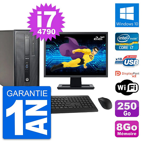 PC Tour HP 800 G1 Ecran 22" Intel i7-4790 RAM 8Go Disque 250Go Windows 10 Wifi · Occasion