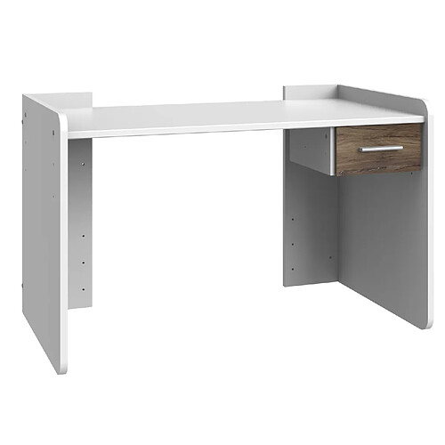 Pegane Bureau réglable en hauteur coloris Blanc, rechampis imitation chêne Flagstaff - longueur 124 x hauteur 77 x profondeur 70 cm