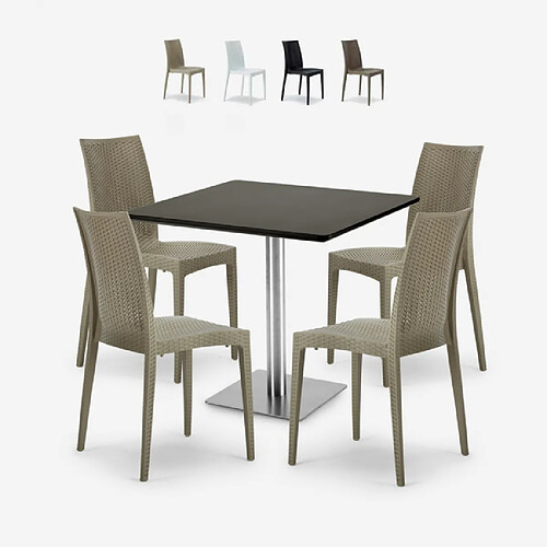 Grand Soleil Lot De 4 Chaises Poly Rotin Bar Restaurant Table Noir Horeca 90x90cm Barrett Black, Couleur: Beige