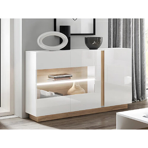 Vente-Unique Buffet MURARI - 3 portes - Avec LEDs - Blanc brillant et chêne