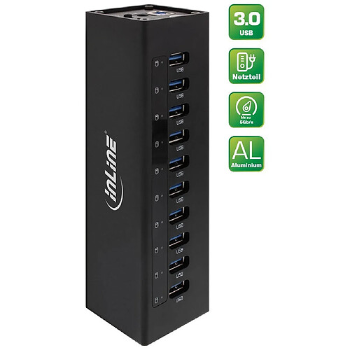 Boîtier en aluminium à 10 ports pour hub InLine® USB 3.0 avec alimentation 4A noir