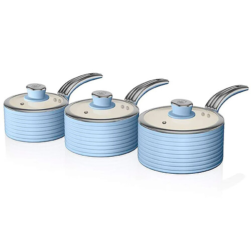 Retro Batterie de Cuisine 3 Casseroles 16 18 20cm Induction Antiadhésive Ceramic, , Bleu, SWAN, SWPS3020BLN