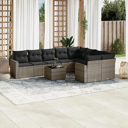 vidaXL Salon de jardin avec coussins 10 pcs gris résine tressée