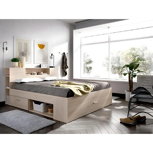 Vente-Unique Lit avec tête de lit rangements et tiroirs - 140 x 190 cm - Coloris : Naturel + Sommier + Matelas - LEANDRE