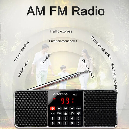 Universal TR602 radio Bluetooth AM FM stéréo récepteur radio portable avec lecteur MP3 sans fil haut-parleur support carte TF minuteur de sommeil(Le noir)