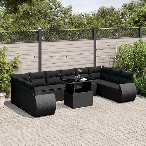 vidaXL Salon de jardin 11 pcs avec coussins noir résine tressée