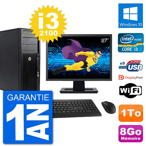 PC Tour HP Z210 Ecran 27" Intel i3-2100 RAM 8Go Disque Dur 1To Windows 10 Wifi · Occasion