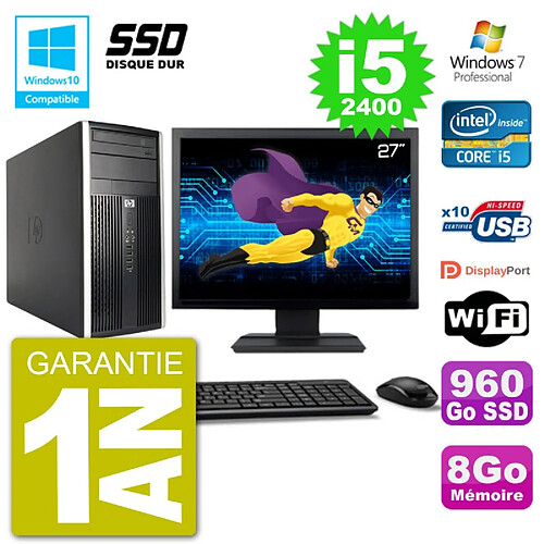 PC HP 6300 MT Ecran 27" Core i5-2400 RAM 8Go SSD 960Go Graveur DVD Wifi W7 · Occasion