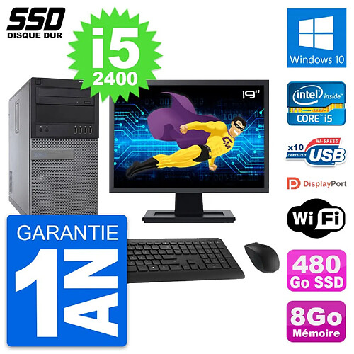 PC Tour Dell 790 MT Ecran 19" Intel i5-2400 RAM 8Go SSD 480Go Windows 10 Wifi · Occasion