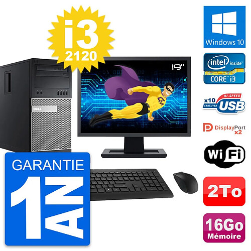 PC Tour Dell 9010 Ecran 19" Intel i3-2120 RAM 16Go Disque 2To Windows 10 Wifi · Occasion