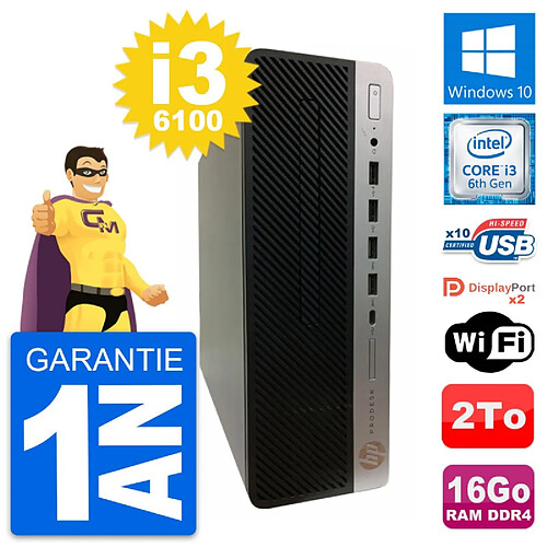 PC HP ProDesk 600 G3 SFF Intel i3-6100 RAM 16Go Disque Dur 2To Windows 10 Wifi · Occasion