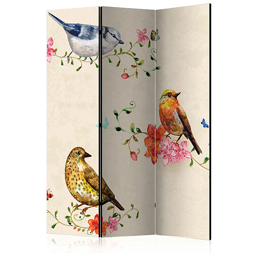 Decoshop26 Paravent 3 volets panneaux cloison séparateur de pièce pliable recto verso Chant d'oiseau 135x172 cm PAR110103