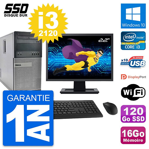 PC Tour Dell 990 Ecran 22" Intel Core i3-2120 RAM 16Go SSD 120Go Windows 10 Wifi · Occasion