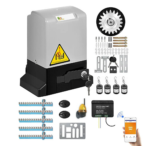 Motorisation Portail Coulissant Ouvre-Porte + 4 Télécommandes + 5 crémaillères + Feu A LED + Récepteur WIFI intelligent - 600 kg 12 m Maxi par vantail