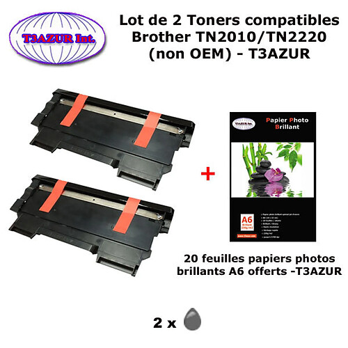 T3AZUR - 2 Toners génériques TN-2220 pour Brother Brother HL 2240 2240D 2250DN 2270DW MFC 7360N 7460DN 7860DW+20f A6 brillantes