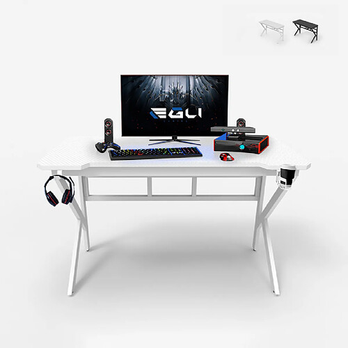 EGLI Bureau de jeu ergonomique en carbone 120x60cm avec porte-gobelet | Couleur: Blanc