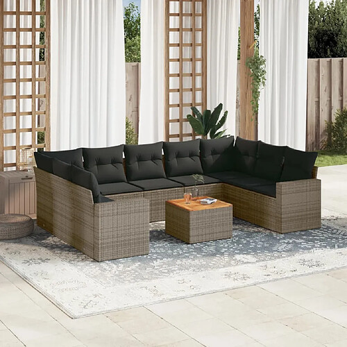 vidaXL Salon de jardin avec coussins 10 pcs gris résine tressée