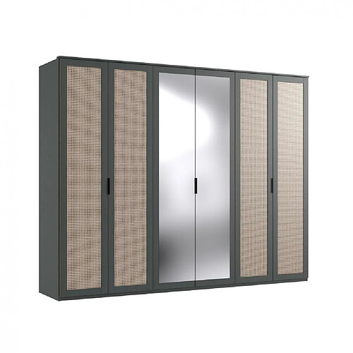 Inside 75 Armoire corniche ENINA décor graphite 2 portes miroirs 4 portes motif tressage viennois