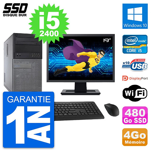 PC Tour Dell 790 MT Ecran 19" Intel i5-2400 RAM 4Go SSD 480Go Windows 10 Wifi · Occasion