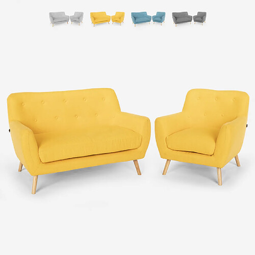 LE ROI DU RELAX Salon fauteuil canapé 2 places design scandinave en bois et tissu Algot | Couleur: Jaune