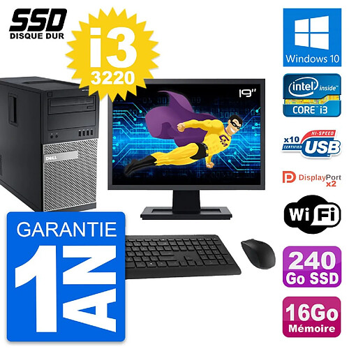 PC Tour Dell 9010 Ecran 19" Intel i3-3220 RAM 16Go SSD 240Go Windows 10 Wifi · Occasion