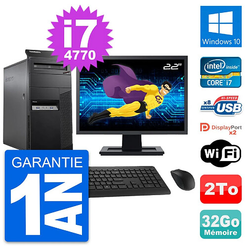 PC Tour Lenovo M83 Ecran 22" Intel i7-4770 RAM 32Go Disque 2To Windows 10 Wifi · Occasion