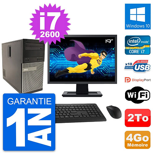 PC Tour Dell 790 MT Ecran 19" Intel i7-2600 RAM 4Go Disque 2To Windows 10 Wifi · Occasion