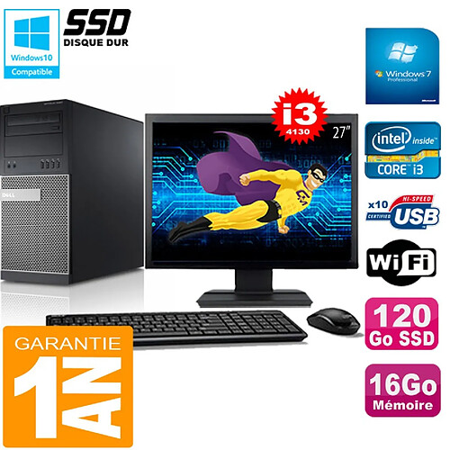 PC Tour DELL 9020 Core I3-4130 Ram 16Go Disque 120 Go SSD Wifi W7 Ecran 27" · Occasion