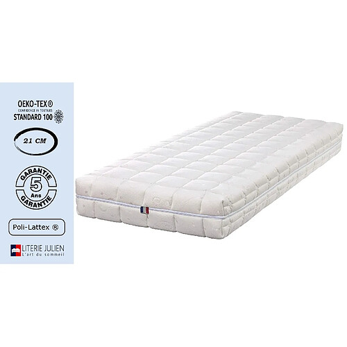 Literie Julien Matelas Latex Naturel + Alèse 90x200 x 21 cm Souple - Spécial Sommier Electrique - Déhoussable Housse Lavable - 7 Zones de Confort - Noyau Poli Lattex HR Dernière Génération - Très Respirant