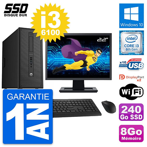 PC Tour HP EliteDesk 800 G2 Ecran 22" i3-6100 RAM 8Go SSD 240Go Windows 10 Wifi · Occasion