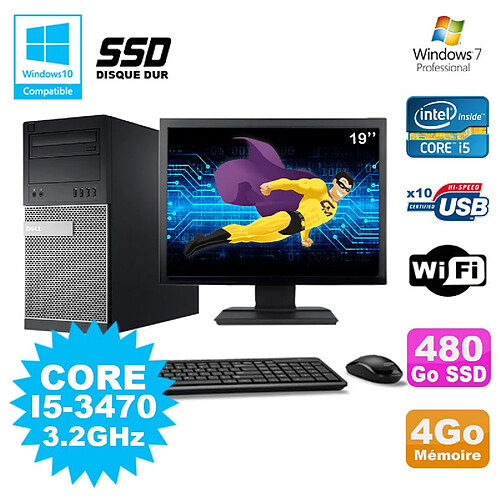 Lot PC Tour Dell 7010 I5-3470 3.2Ghz 4Go 480Go SSD DVD WIFI Win 7 + Ecran 19 · Occasion