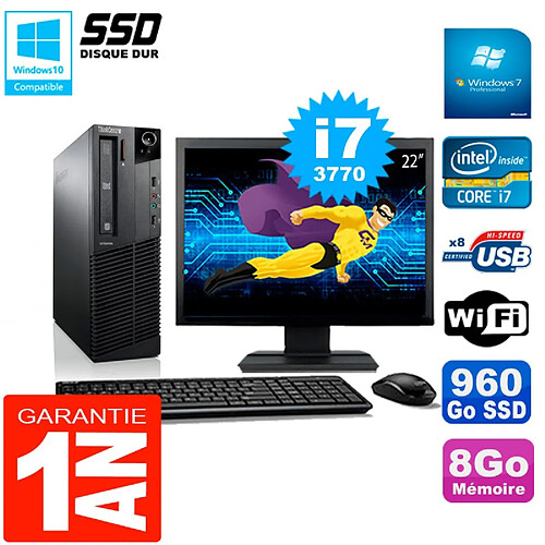 PC Lenovo M92p SFF Ecran 22" Core I7-3770 8Go Disque 960Go SSD Wifi W7 · Occasion