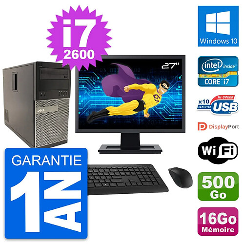 PC Tour Dell 790 MT Ecran 27" Core i7-2600 RAM 16Go Disque 500Go Windows 10 Wifi · Occasion