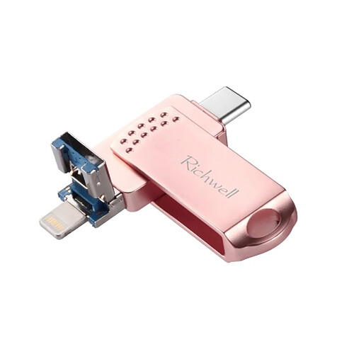 Wewoo Clé USB iPhone iDisk 64G Type-C + Lightning 8 broches + USB 3.0 Disque Flash métal à poussoir avec fonction OTG (or rose)