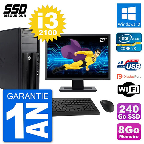 PC Tour HP Z210 Ecran 27" Intel i3-2100 RAM 8Go SSD 240Go Windows 10 Wifi · Occasion