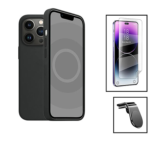 PHONECARE Kit Film Hydrogel Full Cover Avant + Coque Silicone Liquide + Support Magnétique L Safe Driving Voiture pour Apple iPhone 15 Plus - Noir