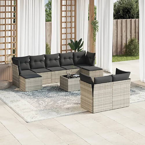 vidaXL Salon de jardin avec coussins 10 pcs gris clair résine tressée