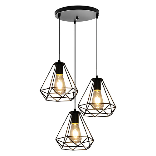 Stoex Ø200Mm Lustre Diamant Rétro Industriel Suspension Luminaire Vintage Plafonnier Hauteur Réglable 3 Supports de Lampe Suspension Noir