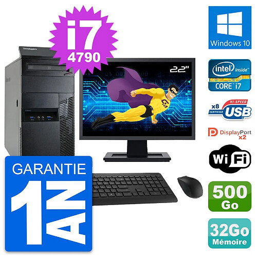 PC Tour Lenovo M93p Ecran 22" Core i7-4790 RAM 32Go Disque 500Go Windows 10 Wifi · Occasion