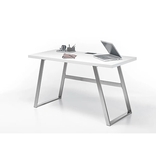 Pegane Bureau en laqué blanc mat avec piètement acier - L140 x H75 x P60 cm