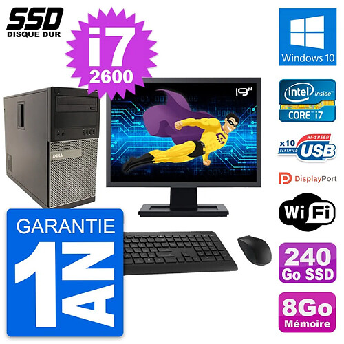 PC Tour Dell 790 MT Ecran 19" Intel i7-2600 RAM 8Go SSD 240Go Windows 10 Wifi · Occasion