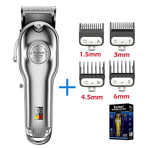  Tondeuse à cheveux Kemei  rechargeable LED, san fil ,6   vitesses avec 4  pics accessoires- Argent 