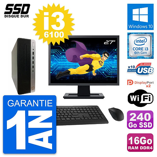 PC HP ProDesk 600 G3 SFF Ecran 27" i3-6100 RAM 16Go SSD 240Go Windows 10 Wifi · Occasion