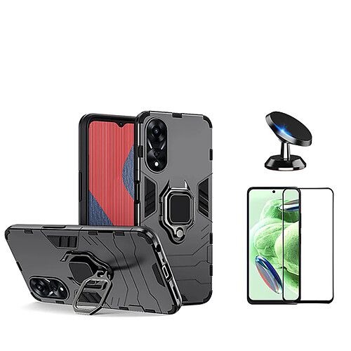 Kit de film de verre trempé de couverture en 5D + 3x1 défenseur militaire + support de voiture magnétique Phonecare pour Oppo A58 4G - le noir