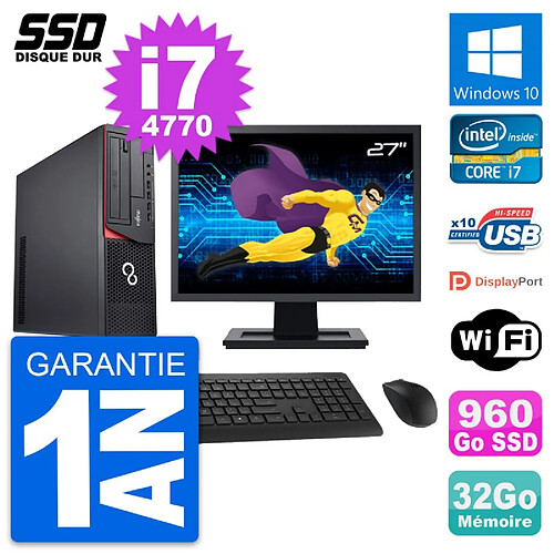 PC Fujitsu E920 DT Ecran 27" Intel i7-4770 RAM 32Go SSD 960Go Windows 10 Wifi · Occasion