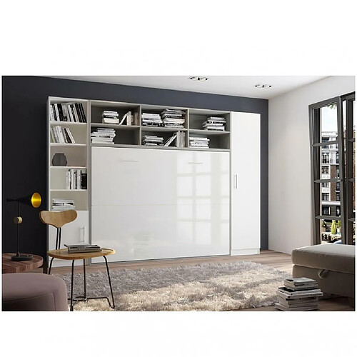 Inside 75 Composition armoire lit horizontale STRADA-V2 gris / blanc mat façade armoire-lit blanc brillant 2 colonnes 140*200 cm