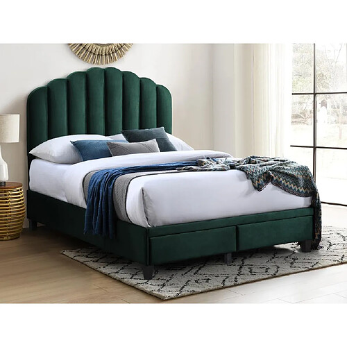 Vente-Unique Lit 140 x 190 cm avec tiroirs - Velours - Vert sapin + Matelas - ILISIO