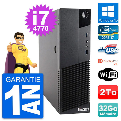 PC Lenovo ThinkCentre M83 SFF Intel i7-4770 RAM 32Go Disque 2To Windows 10 Wifi · Occasion